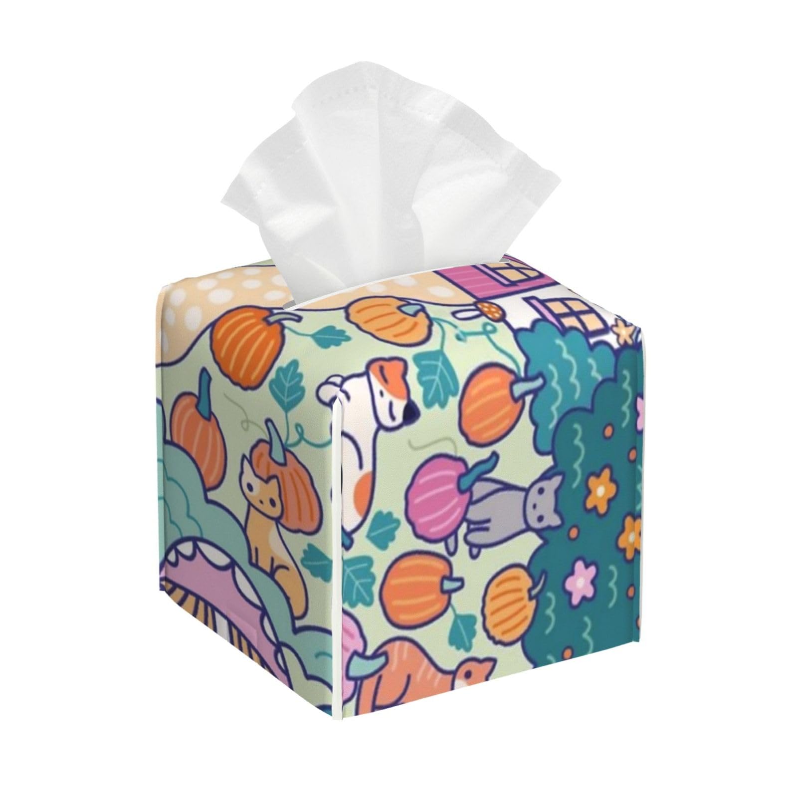Cozy Season Cat Tissue Box Cover 5" Square Leather Tissue Holder Facial Tissue Case for Tabletop Bedroom Bathroom Desk Decor
