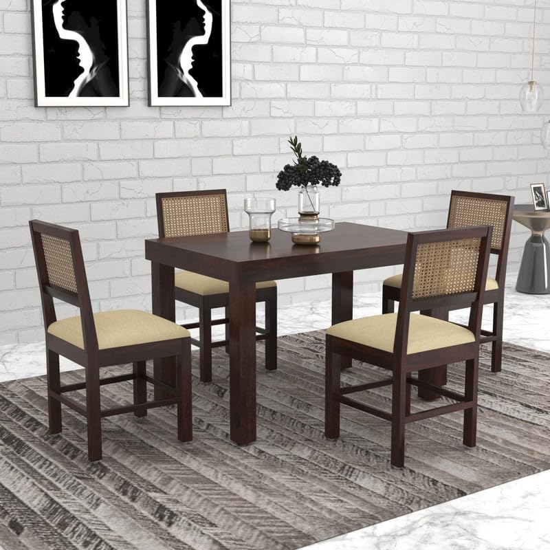 Image of VK Furniture Sheesham Solid Wood 4 Seater Dining Table Set of Four with 4 Cushion Cane Chairs for Dinner Hall Kitchen Living Room Home Office Restaurant |L45 X W30 X H30|Natural Walnut Finish