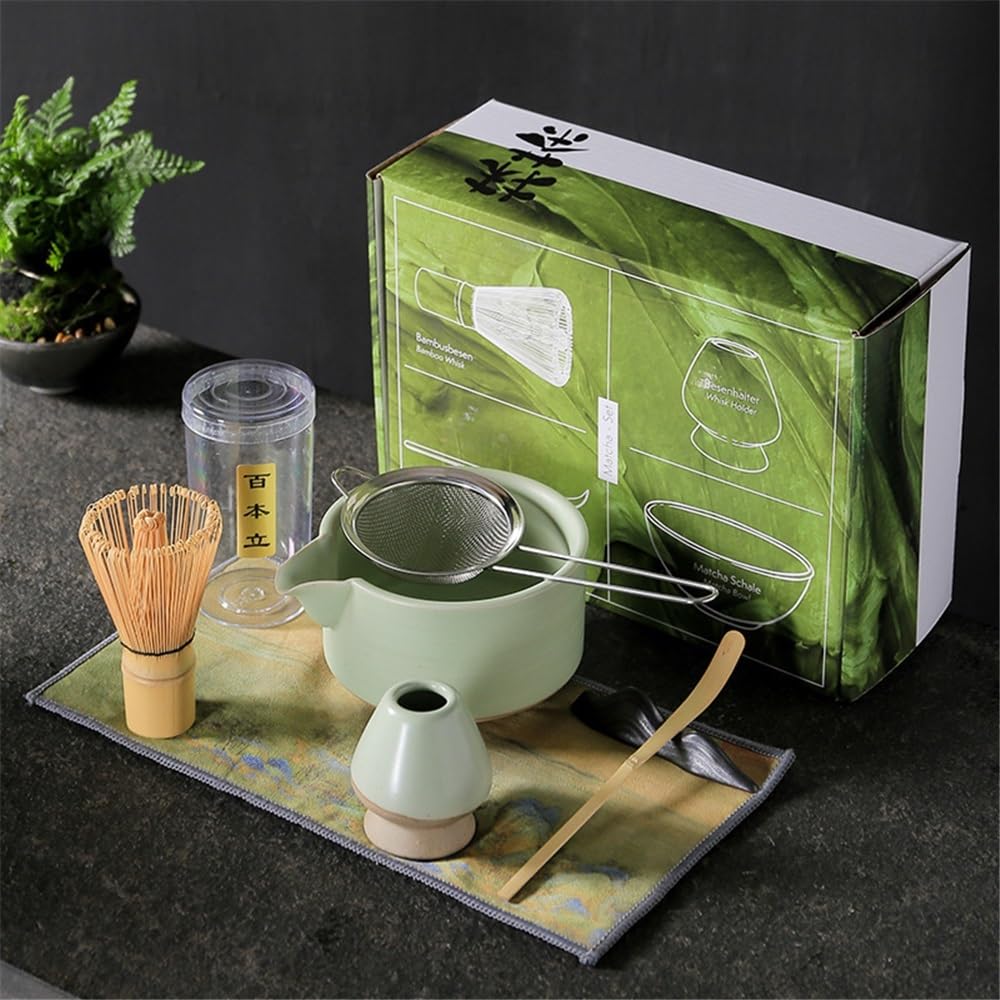 Japanese Matcha Tea Set 7 Pcs Ceramic Matcha Bowl, Ceramic Whisk Holder, Matcha Whisk, Scoop, Sifter, Matcha Caddy, Tea Making Kit, Handmade Japanese Tea Ceremony Matcha Tea Kit(Light Green)