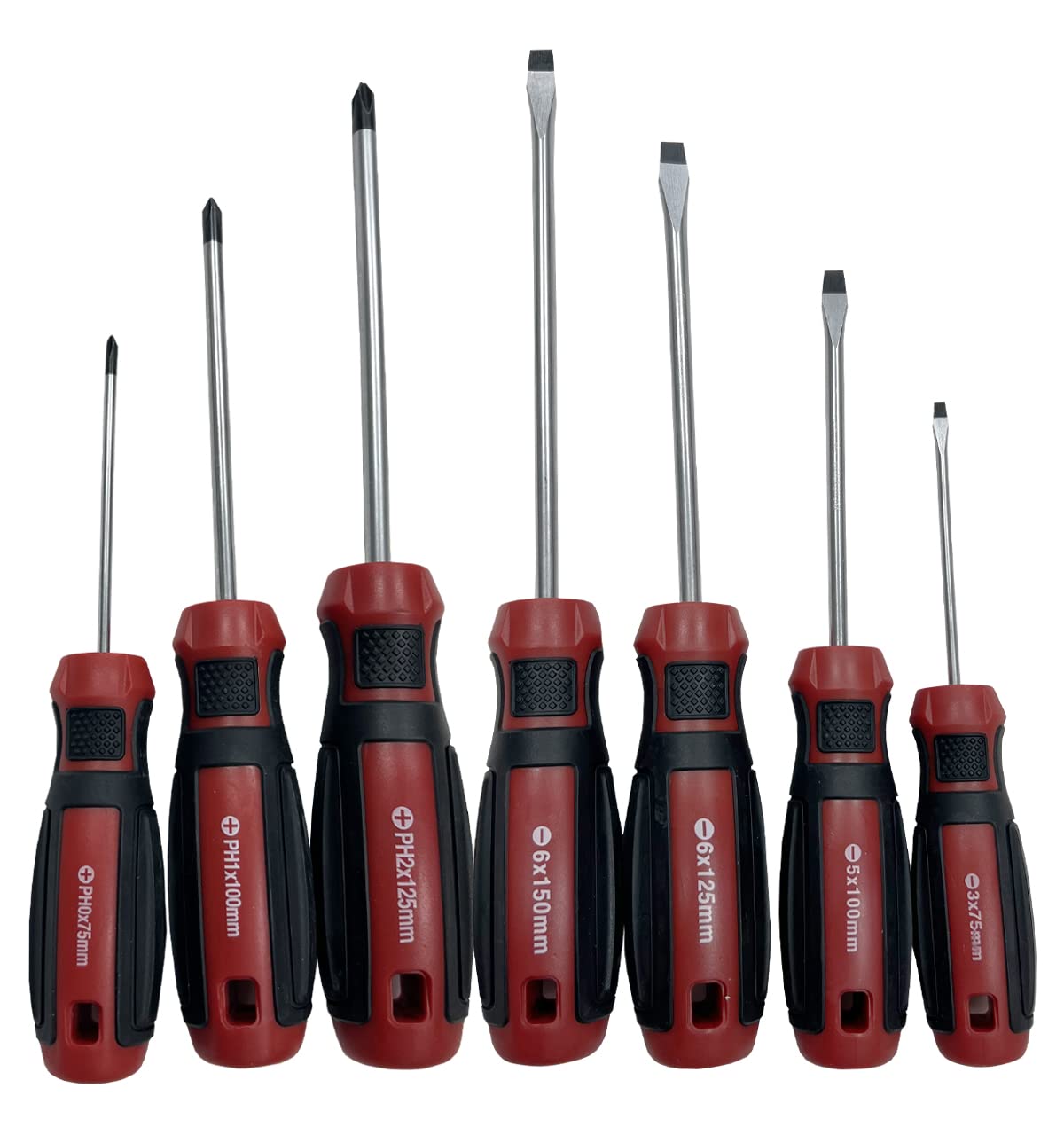 Lumber Jack Red 7 Piece Screwdriver Set, Magnetic Tipped Screwdrivers, Phillips & Flat Head Soft Grip Handle, Sizes 6X150mm 6X125mm 5X100mm 3X75mm Ph2x125mm Ph1x100mm Ph0x75mm