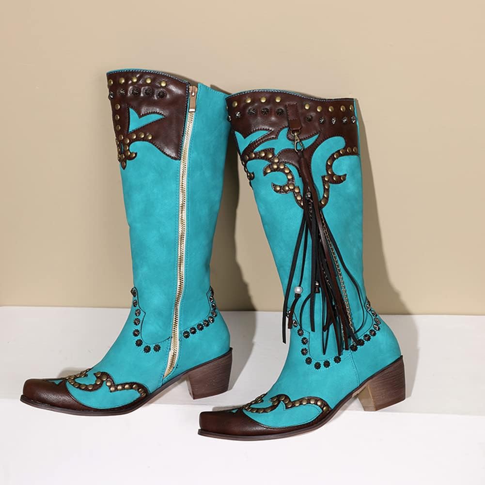 MRKEWUNEY Mid Calf Fringe Cowboy Boots for Women