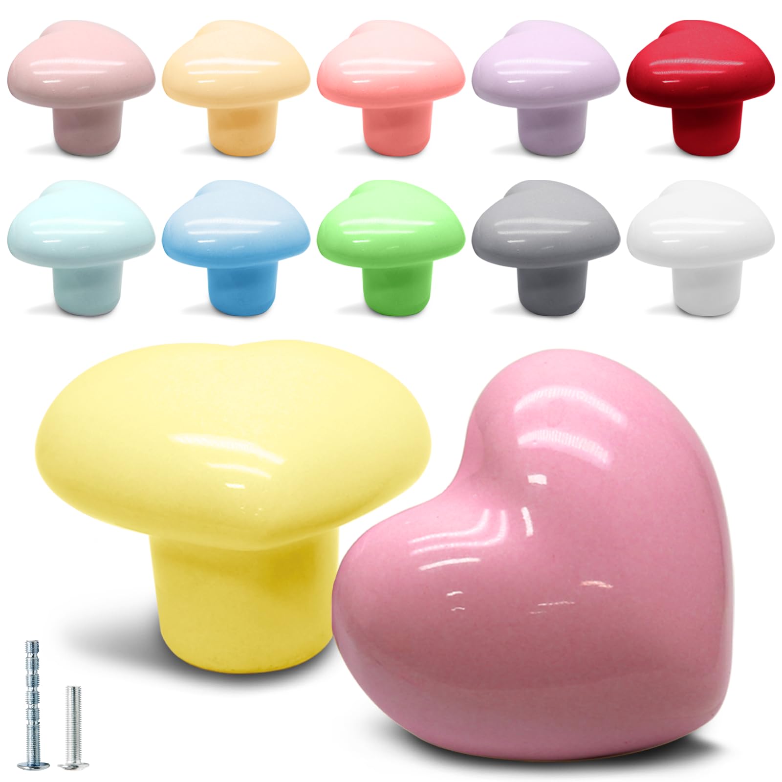 Lot de 12 boutons de placard en céramique, en forme de cœur, couleurs mélangées