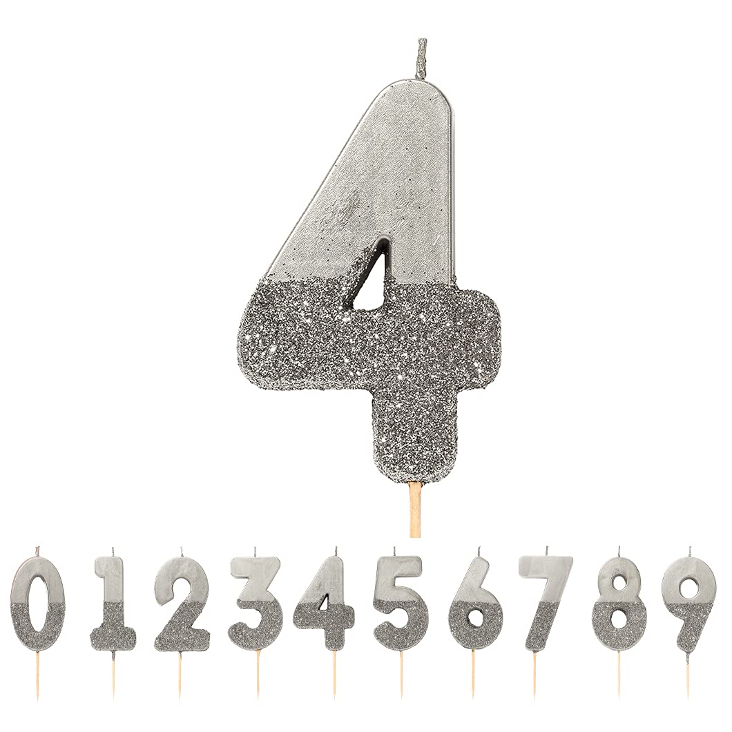 Talking Tables Silver Number 4 Candle with Glitter-Premium Quality Cake Topper Decoration-Pretty, Sparkly for Kids, Adults, 40th Birthday Party, Anniversary, Milestone Age