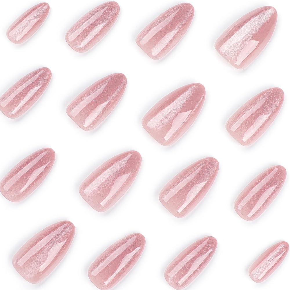 JUSTOTRY 24 Pcs Pink Cat Eye Almond False Nails Short,Peach Glitter Press on Nails Pattern,Glossy Fake Nails Medium for Nail Art,Cateye French Oval Stick on Nail for Women Gifts - Image 4