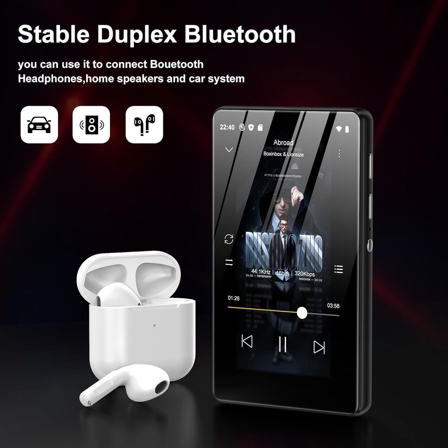 SWOFY Android MP3 & MP4 Player, 4,0-Zoll-Touchscreen mit Bluetooth & WLAN, unterstützt Spotify, Pandora, Amazon Music, Libby, Audible und Browser, Speicher erweiterbar bis 1TB, Schwarz