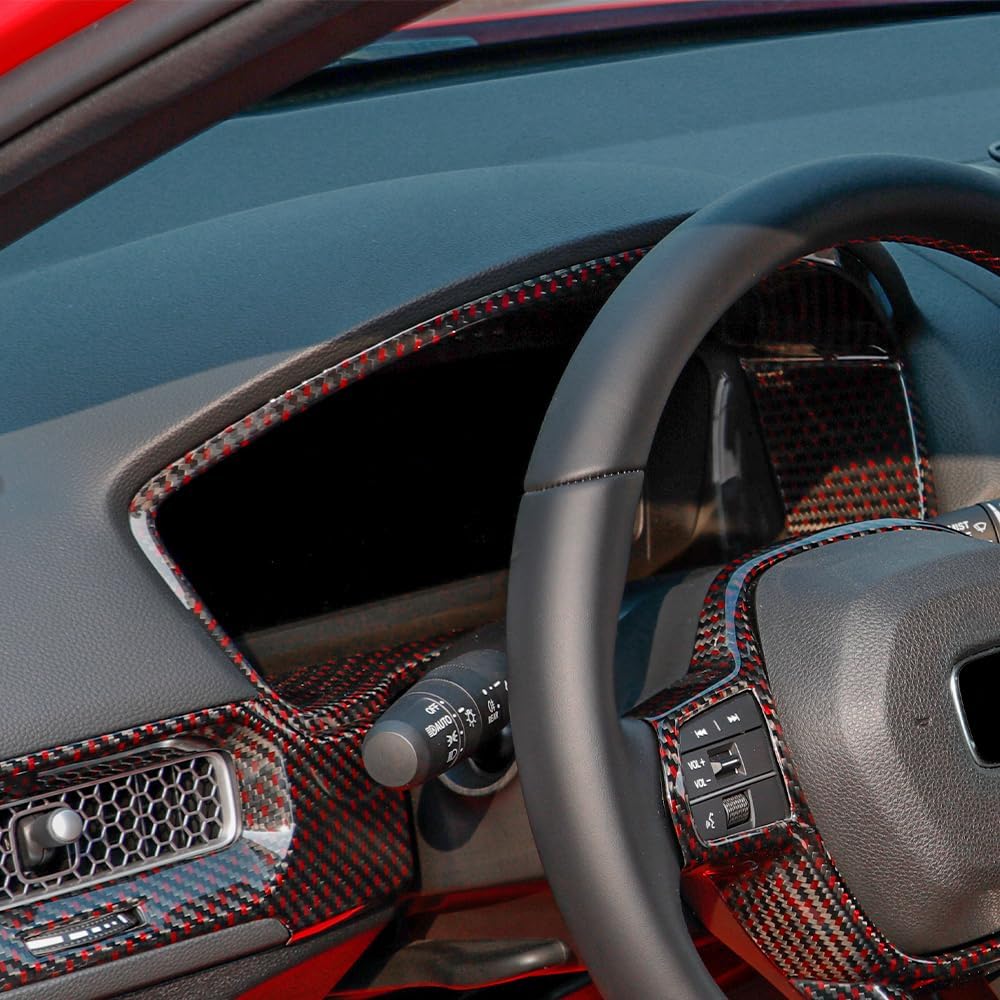 JSWAN Red Black Carbon Fiber Dashboard Fuel Gauge Tachometer Trim Cover Fit for 11th Gen Civic Type R FL5 Typer Center Console Instrument Control Panel Cover(Red Black)