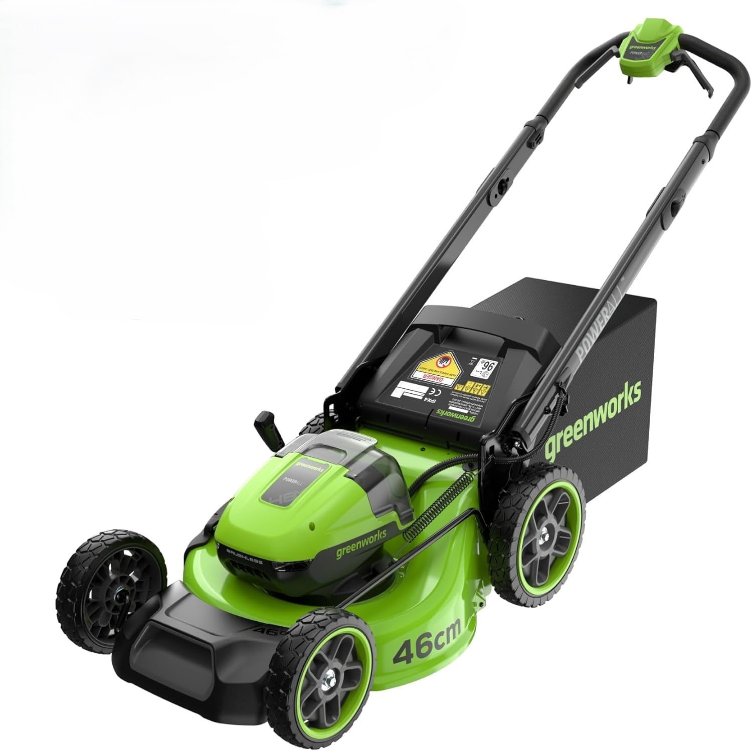 Greenworks 48 V (24 V x 2) Kosiarka akumulatorowa litowo-jonowa z własnym napędem 46 cm szerokość cięcia do 440 m² 55 l zbieracz do trawy 8 razy regulacja wysokości cięcia centralnego 25-95 mm bez