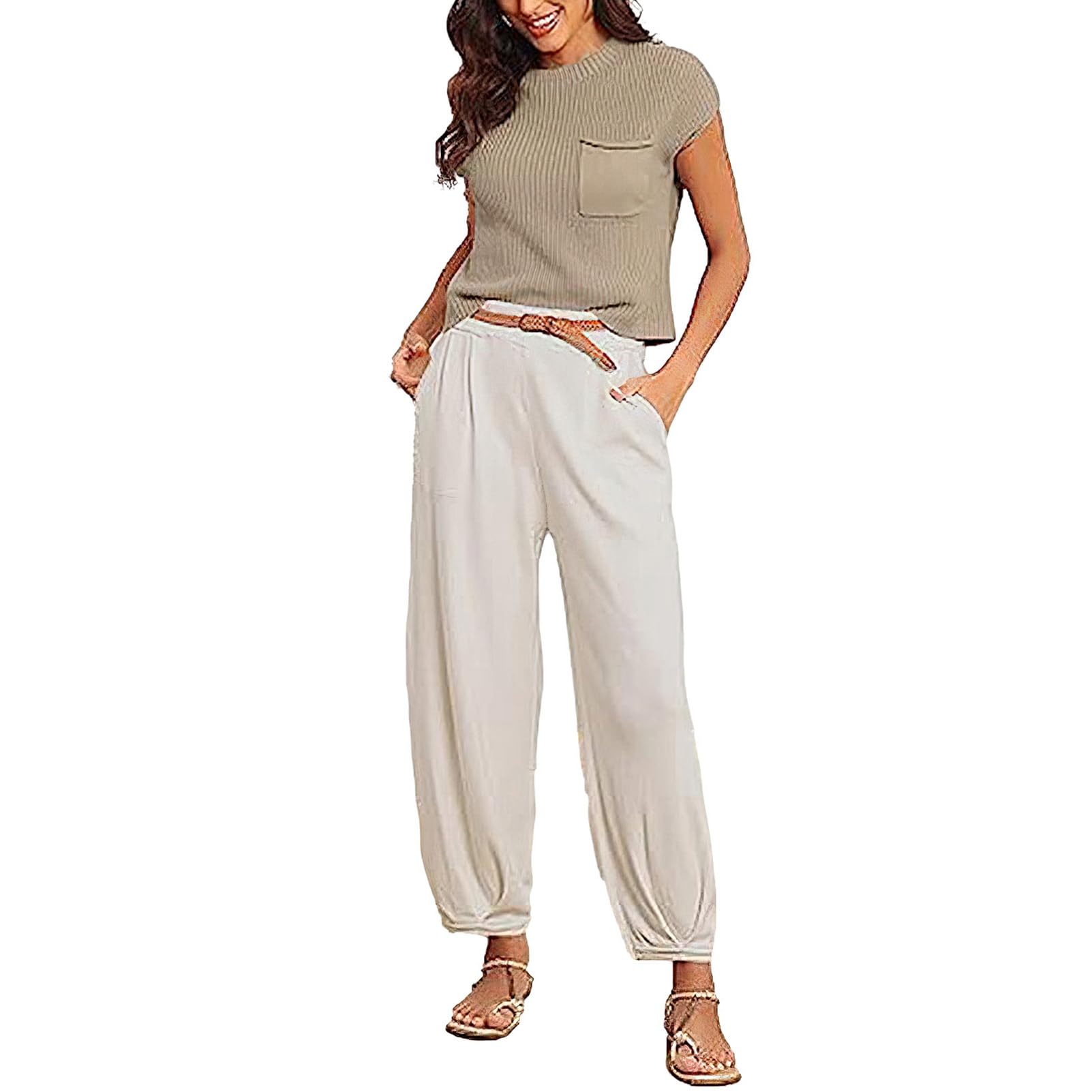 amropi Chándal de Mujer Conjuntos de Punto Jersey de Casual Manga Corta y Pantalón Jogging Lounge Set