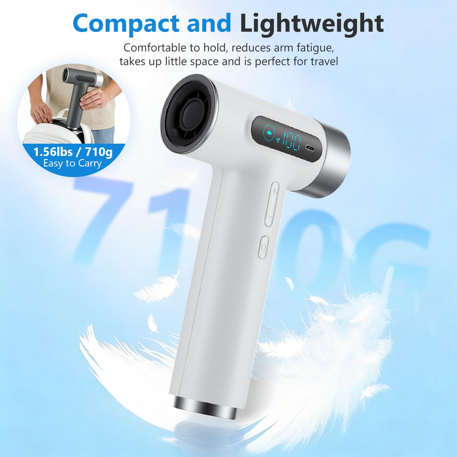 Secador de pelo portátil Pro Battery Travel de 27000 mAh - Sin cable con 100 temperaturas y velocidades - Portátil con pantalla digital para camping, viajes y hoteles - Blanco
