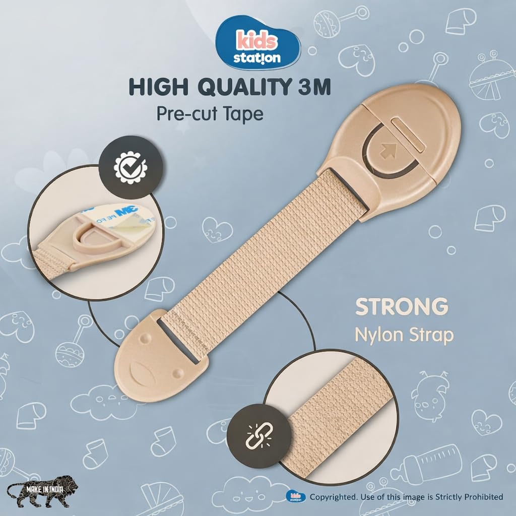 Kids Station Furniture Safety Locks for Baby Safety - Strong and Adhesive Child/Toddler/Infants Safety Locks for Drawers, Cabinets, Fridge and Cupboard - Baby Proofing Product - Pack of 12 (Beige) 3