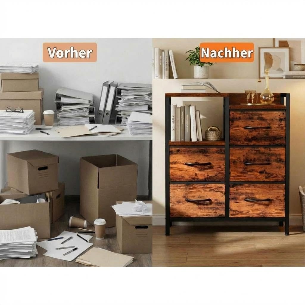 Garvee 5 Schubladen Rollcontainer Aktenschrank Druckerständer Mobil Holz | A4 & Letter Format, Offenes Ablagefach, Vliesstoff-Schübe, 360° Rollen, Bremse, Platzsparender Organizer, Stabiler Rahmen