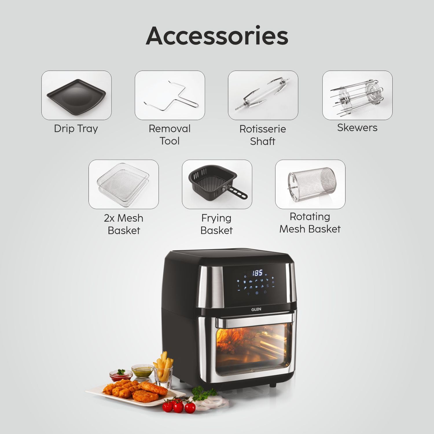 Glen 12L Air Fryer Oven 1800W with Rotisserie | Large Capacity OTG Air Fryer Combo |10 Presets, Digital Touch Display | Bake, Grill, Roast &Toast|PTFE, PFAS, PFOA & Microplastics free |2Y Warranty 2