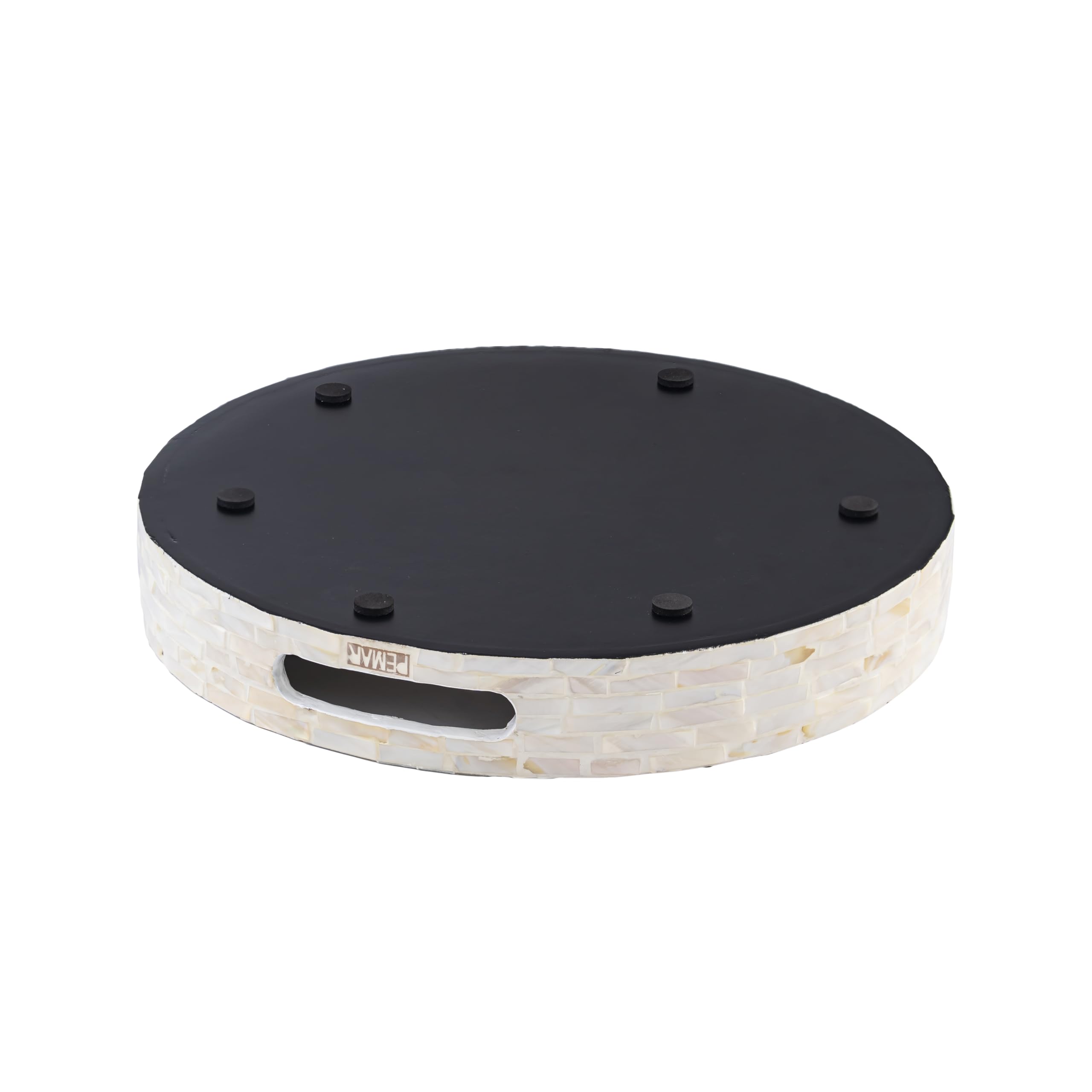 PEMAR Bandeja redonda decorativa para servir de 32 cm, bandeja de mesa de café con incrustaciones de nácar, con asas de inserción, bandeja otomana de madera nácea, bandeja de dormitorio, bandeja de
