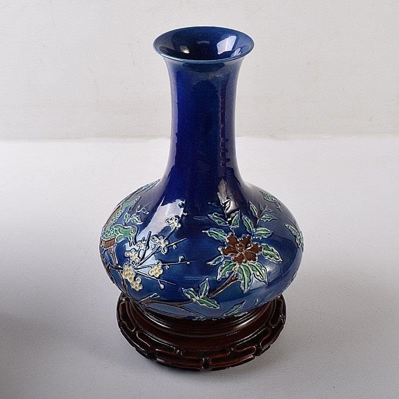 中国 景徳鎮製 藍釉法花花鳥文瓶 唐木台・箱付