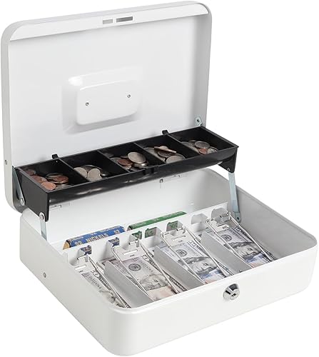 Caja de dinero con bandeja de dinero y cerradura de llave, caja de dinero grande, 5 compartimentos para ciones y 4 clips con resorte para billetes,