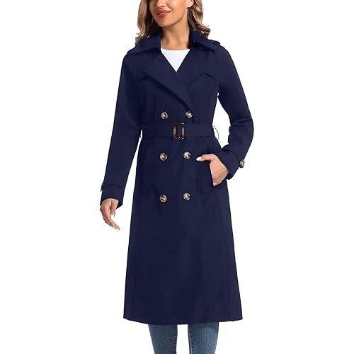 Women's Waterproof Long Trench Coat Double Breasted Length Classic Lapel Belt Coat With Removable Hood