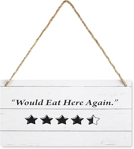 Cartel de madera divertido estilo granja, con texto en inglés «Would Eat Here Again», letrero con 4 estrellas de 5, ideal para cualquier exhibición