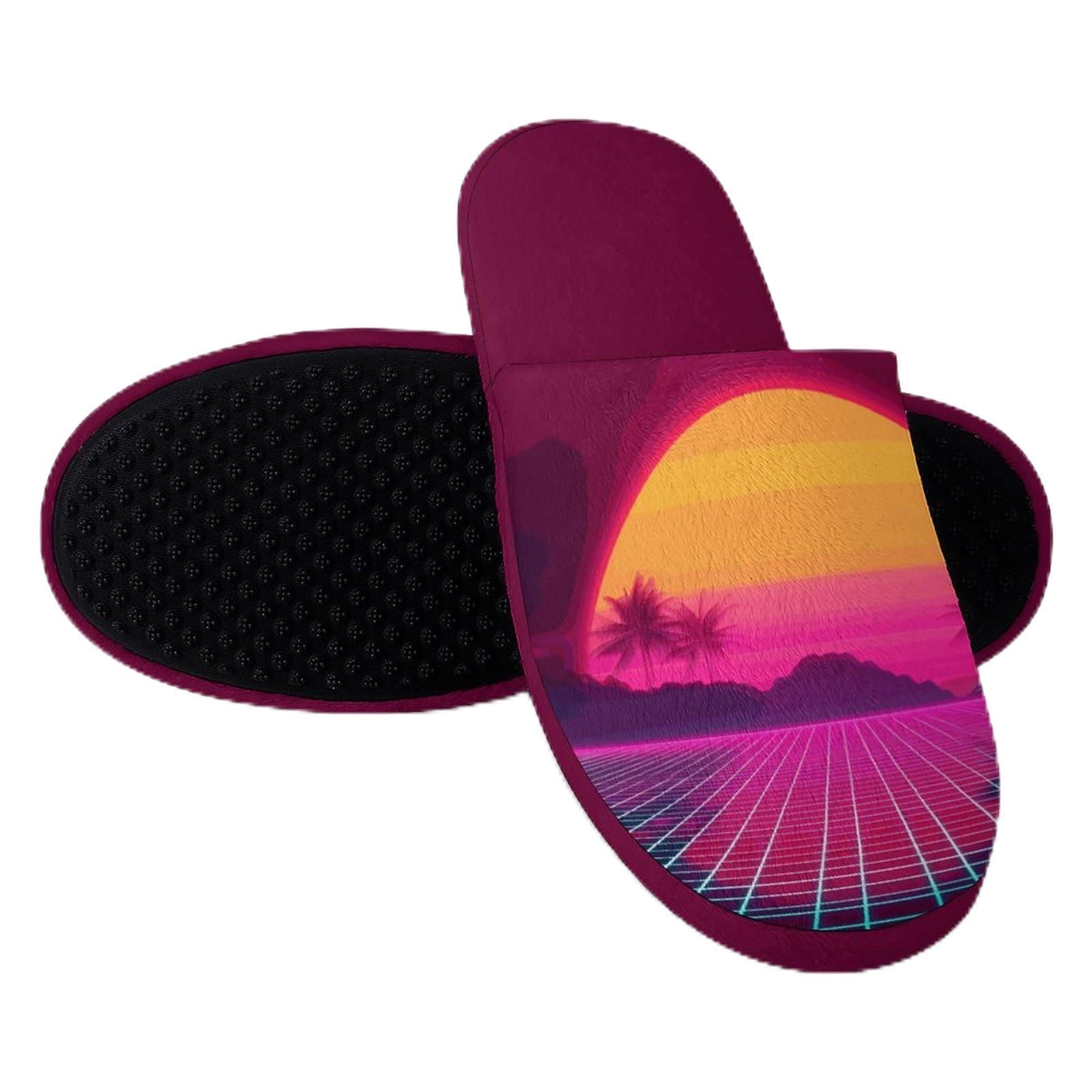 Neon Vaporwave Mountain Sun Men's Slipper Non Slip Comfortable Winter Warm Home House Shoes
