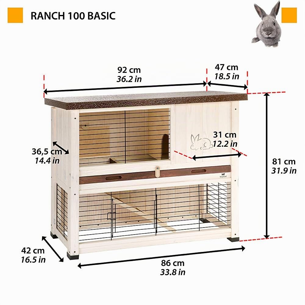 Ferplast Gabbia per Conigli RANCH 100 BASIC Conigliera da Esterno in Legno FSC, con Accessori e Casetta per conigli, 90,5 x 46 x h 80 cm.
