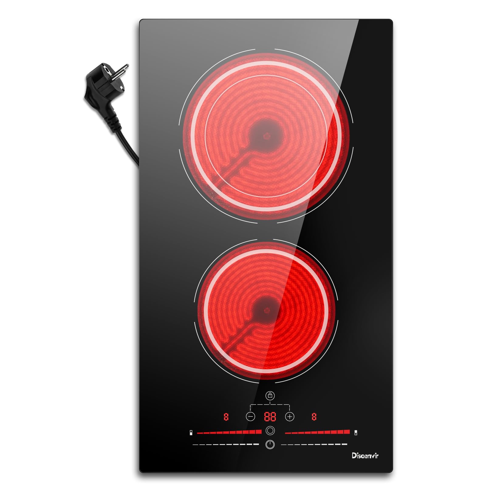 Vitroceramica 2 Fuegos 3200W, Placa Vitroceramica Con Enchufe, Cocina Eléctrica con Control de Doble Anillo, Configuración de 9 Niveles de Potencia, Cronómetro, Cerradura Infantil, Negro