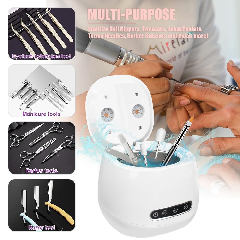 Pinkiou Nail Tools Sterilisator, Ultraschall-Tiefenreinigung für Maniküre Fräser & Bits, Schminkpinsel, 3 Zeitstufen 304 Edelstahl Reinigungsbox für Nagelstudio zu Hause, Kompakt und stilvoll, Weiß