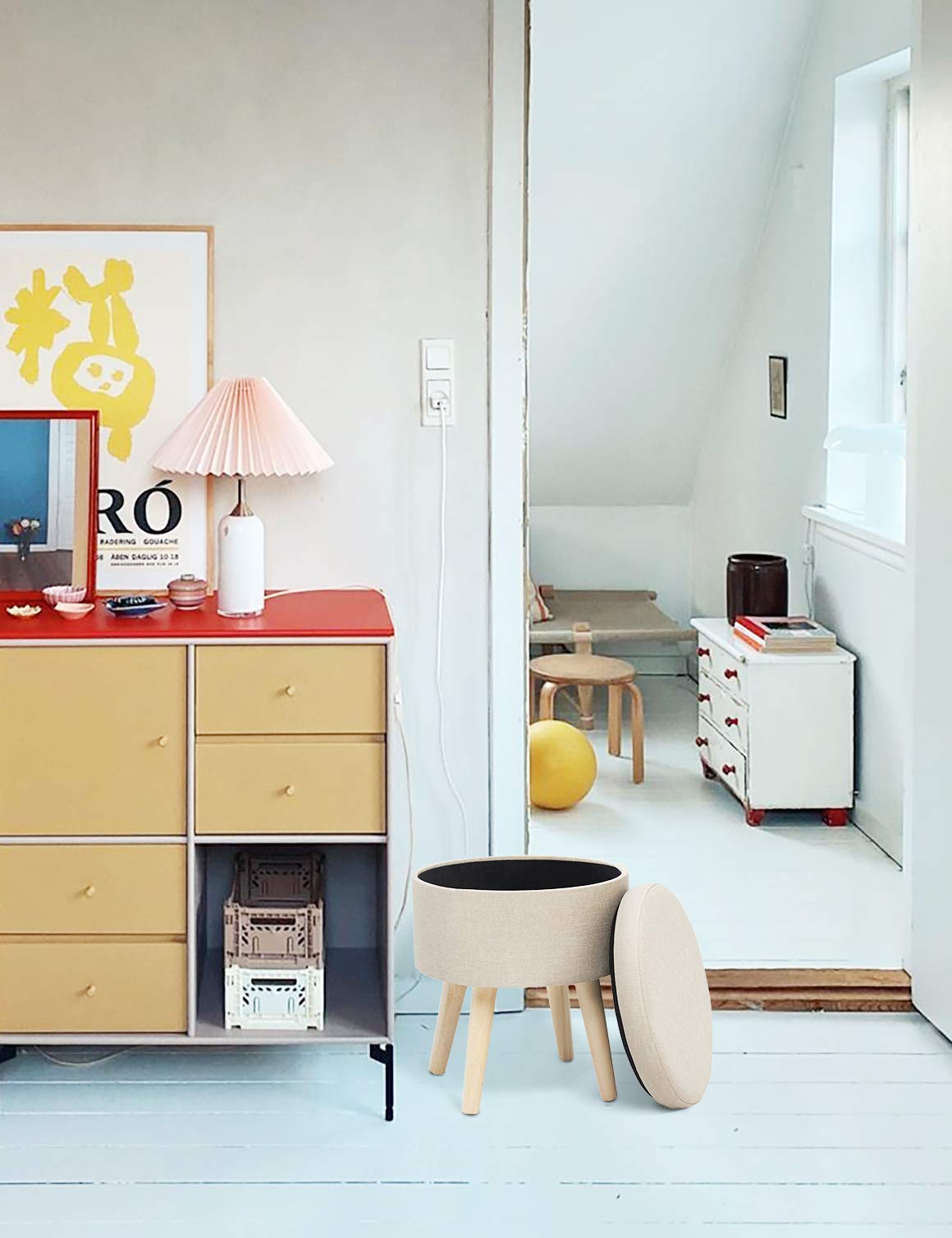 Pouf Hocker Stuhl Fusshocker Gepolstert Fußbank Rund Schemel Ottomane Polsterhocker Beinablage Sitzhocker Aus Leinen Und Massivholz Mit Stauraum Für Küche Und Wohnzimmer Beige