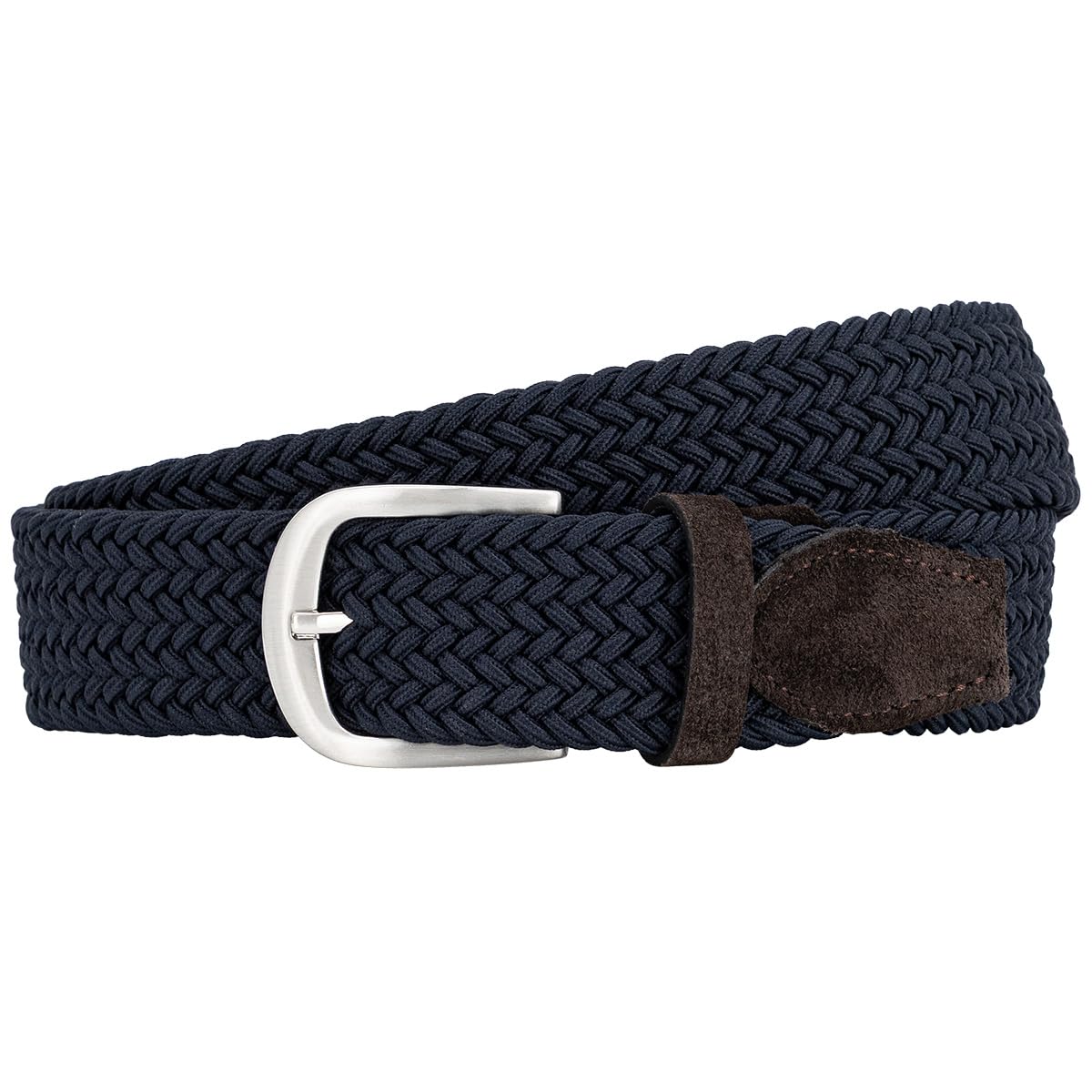 LINDENMANN Textil-Flechtgürtel Damen dunkelblau klassischer Stretchgürtel perfekt für Golf geeignet, silberfarbene Schließe, 3,5 cm breit