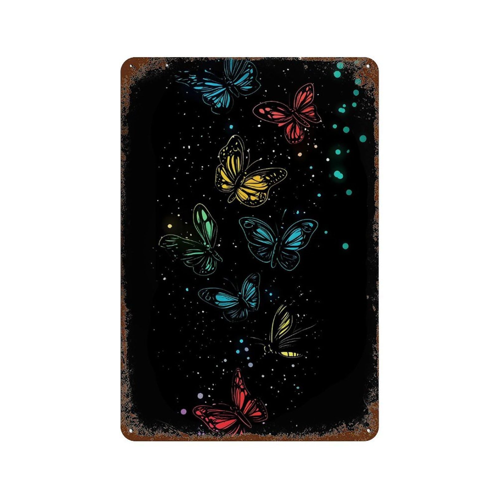 Colorful Butterflies on Black Vintage Metal Tin Sign 11.8"x7.9", Ideal for Living Room, Hallway And Home Decor