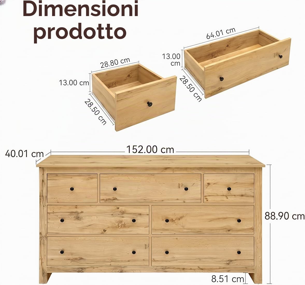 Cassettiera in legno, per corridoio, 152 x 40 x 89 cm (L x P x A)