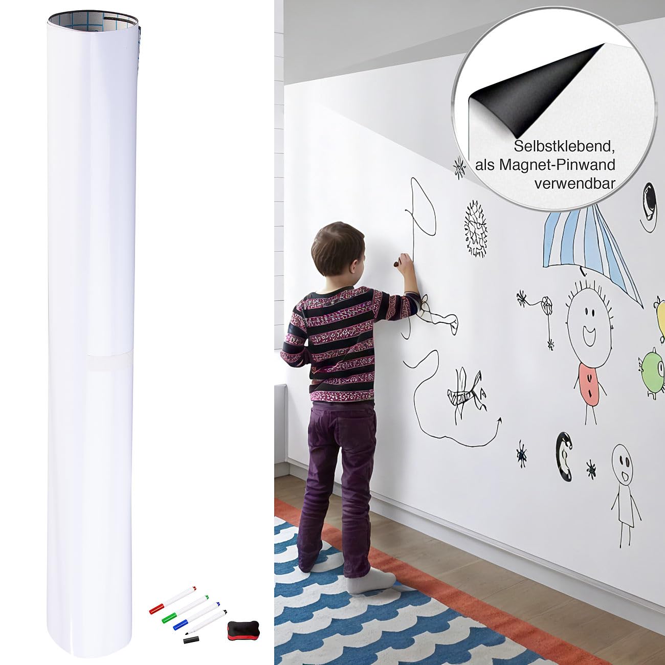 infactory Magnet Pinnwand: 4er-Set Magn. Whiteboard-Folie, selbstklebend, 4 Marker, 150 x 100 cm (Whiteboard Folie magnetisch, Magnetfolie)