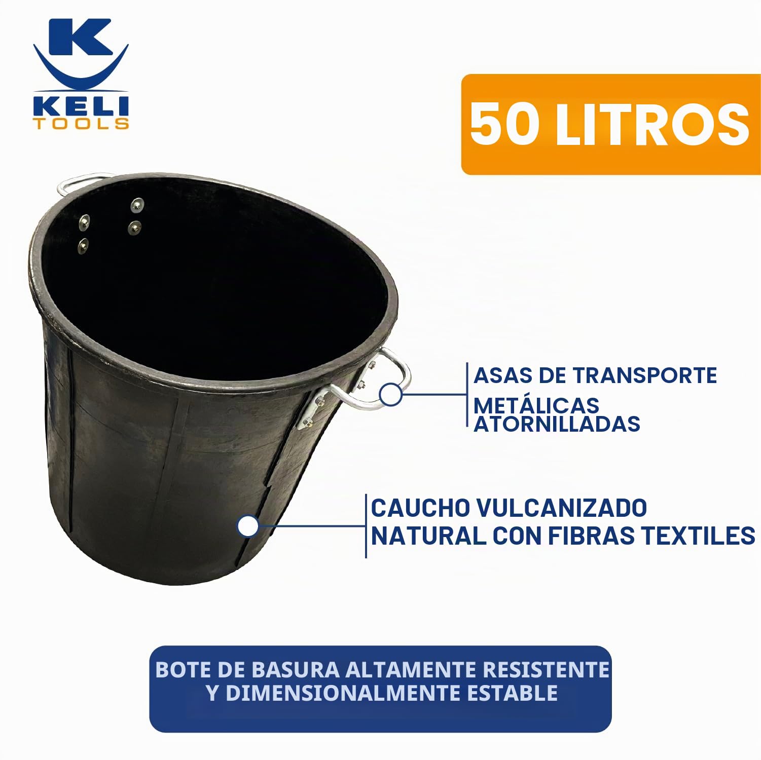 Keli – Cubo de basura 50 L de goma vulcanizada natural: asa de transporte – Calidad profesional – Uso múltiple