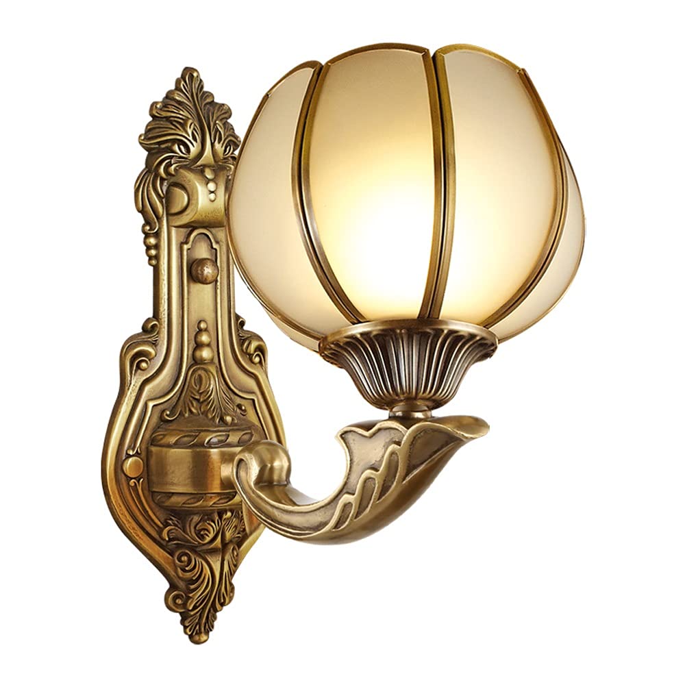 VDOQTLJT European Wall Light Retro Sconce Lamp Indoor Single Lights Bronze Made of Old Copper Frosted Glass Lampshade E27 Base Compatible with Staircase Aisle Lighting Bedside cha