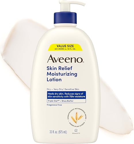 Aveeno Skin Relief Moisturizing Body Lotion Heals Very Dry, Sensitive Skin, Fast-Absorbing Lotion with Soothing Triple Oat & Shea Butter Formula, Fragrance Free Lotion, Non-Comedogenic, 33 Fl Oz
