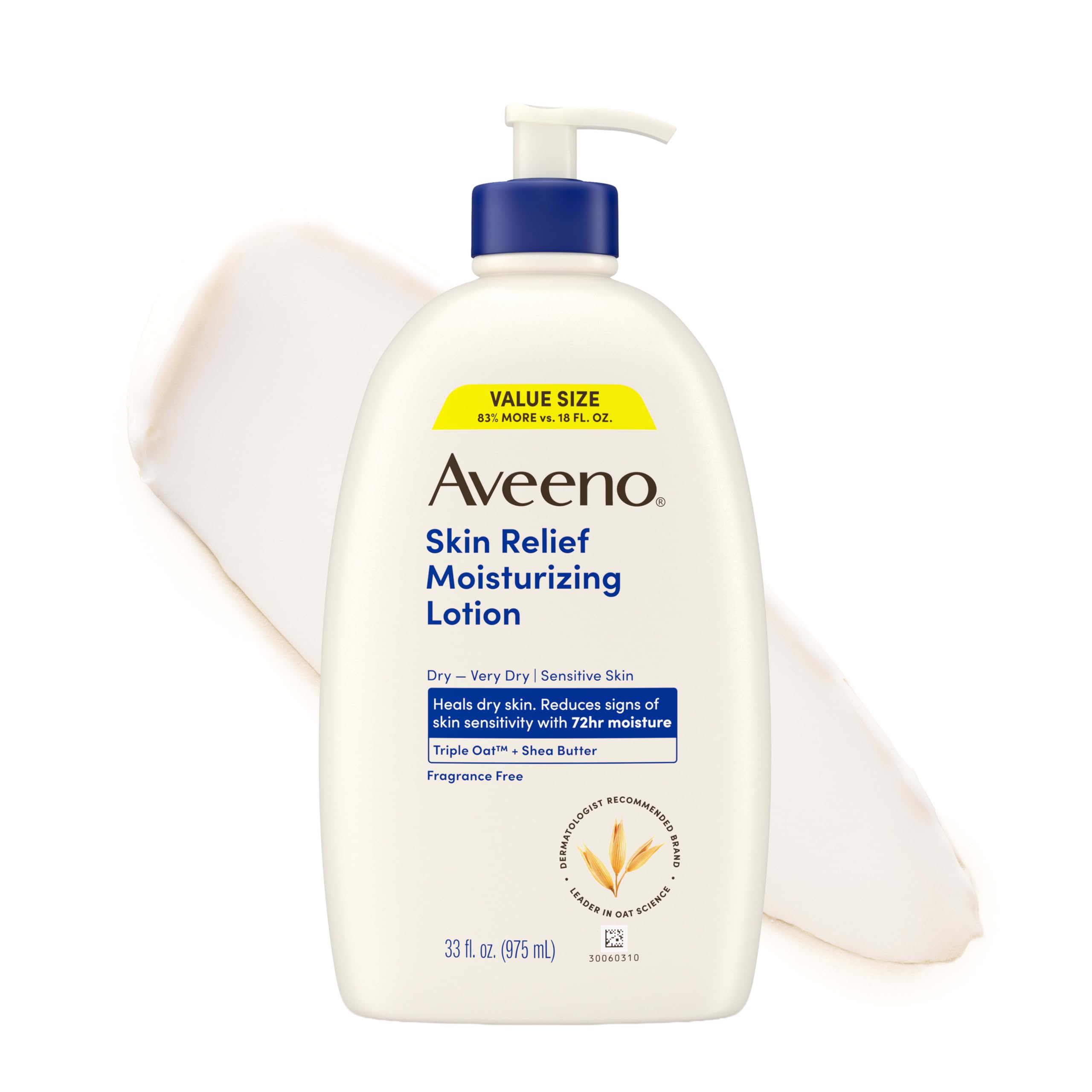 Aveeno Skin Relief Moisturizing Body Lotion Heals Very Dry, Sensitive Skin, Fast-Absorbing Lotion with Soothing Triple Oat & Shea Butter Formula, Fragrance Free Lotion, Non-Comedogenic, 33 Fl Oz