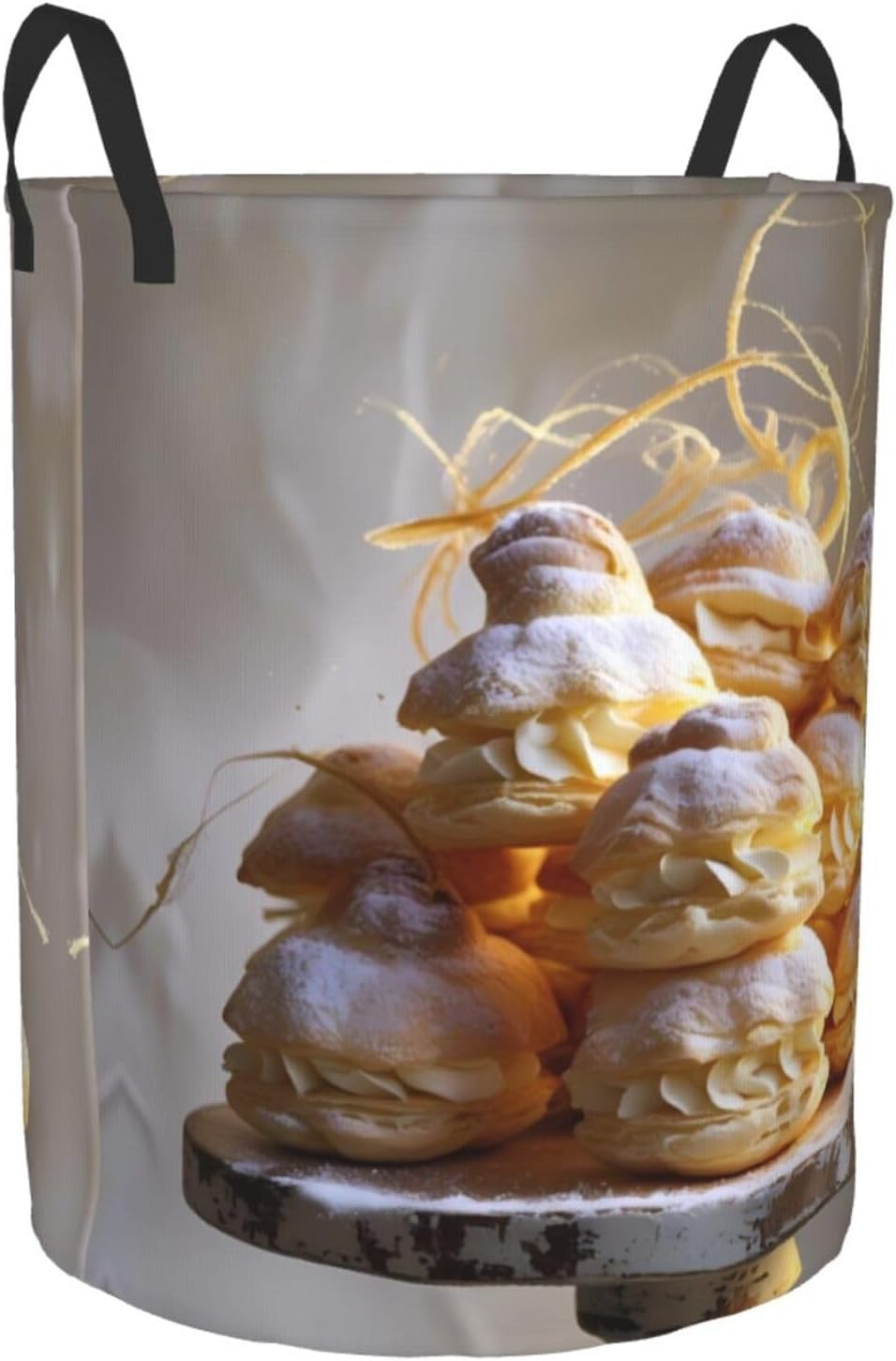 Cream Puffs Round Single-layer Laundry Basket, Portable Storage Laundry Basket, Bedroom Clothes Storage Basket with Handle