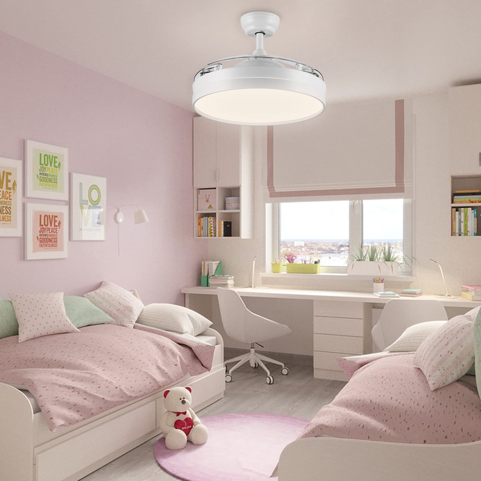 CJOY Ventilatore da Soffitto Retrattile con Luce e Telecomando, Ventilatore da Soffitto Scalabile Bianco 107 cm, Lampadario Ventilatore Soffitto Invisibile 3 Pale, 6 Velocità, DC Reversibile