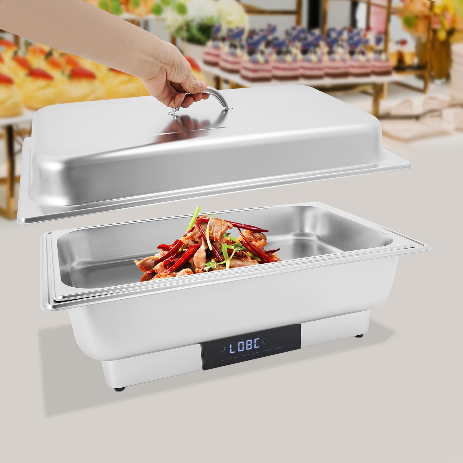 Scaldavivande elettrico da 9 l, in acciaio inox, 600 W, con touchscreen e display digitale, 35-90 °C, scaldavivande per gastronomia, catering e feste, contenitore GN 1/1 e coperchio, argento
