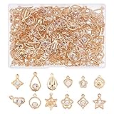 SUPERFINDINGS 168Pcs 12 Style Iron Rhinestone Charms Pendant Cubic Zirconia Charms Light Gold Plated Dangle Pendants Rhinestone Heart Flower Teardrop Rings Charms for Necklace Bracelet Making
