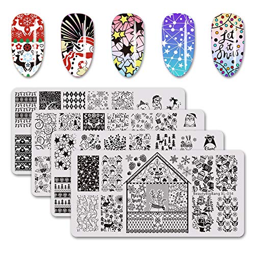 BEAUTYBIGBANG 4Pcs Nail Stamping Plate Christmas Theme - Santa Reindeer Snowflake Tree Bell Winter Image Plate Nail Art Design Stamp Kit Manicure Template Set New Year Gift