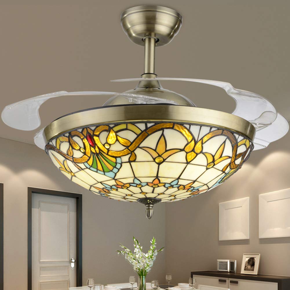 HXYSXHJUO Tiffany Style Ceiling Fan with Light and Remote Control 42in Metal Chandelier LED Dimmable Retractable Blades Transparent for Bedroom Living Room Deco