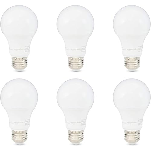 Amazon Basics A19 LED Light Bulb, 40 Watt Equivalent, Energy Efficient 6W, E26 Standard Base, Soft White 2700K, Dimmable, 10,000 Hour Lifetime , 6-Pack