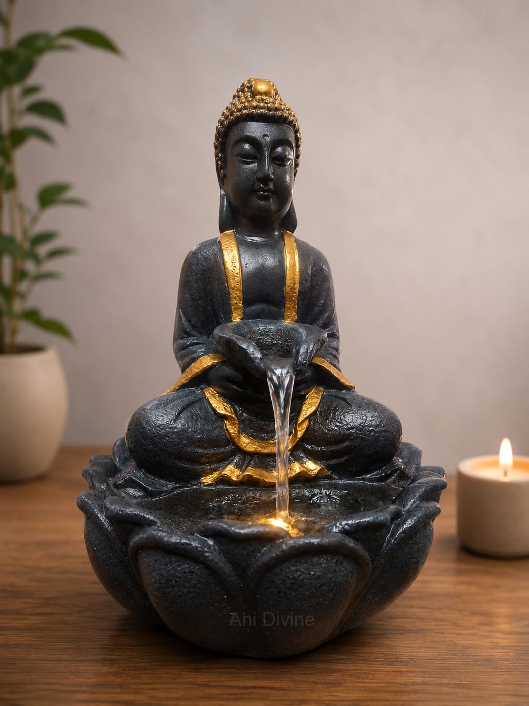 Ani Divine Premium Gold Black Lotus Meditating Buddha Water Fountain with LED Decorative Indoor Tabletop Waterfall Idol for Home Decor, Office, Meditation Room, Relaxation-picture-32