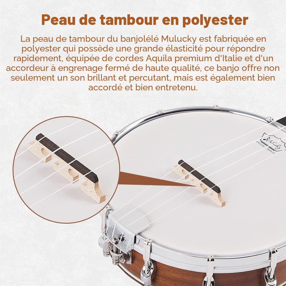Mulucky Banjolele Banjo Ukulélé 4 cordes, taille concert 23 pouces (58 cm), dos fermé en bois massif, kit pour débutants avec truss rod, étui gig bag, accordeur, cordes, bandoulière