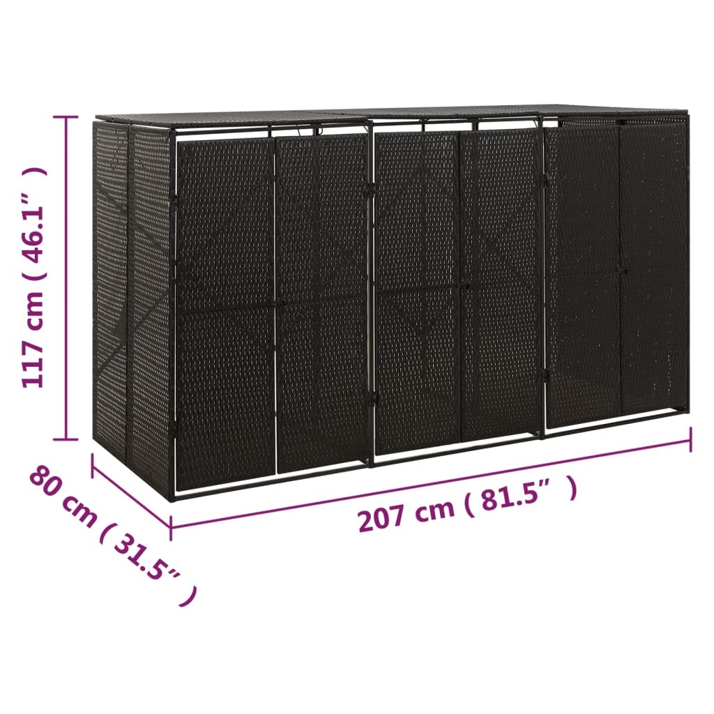 vidaXL Abri pour Poubelle Triple Noir 207x80x117 cm Résine tressée, Stockage de Poubelle à Roue Unique, Couvercle pour Poubelle, abri pour Poubelle à Roue Unique