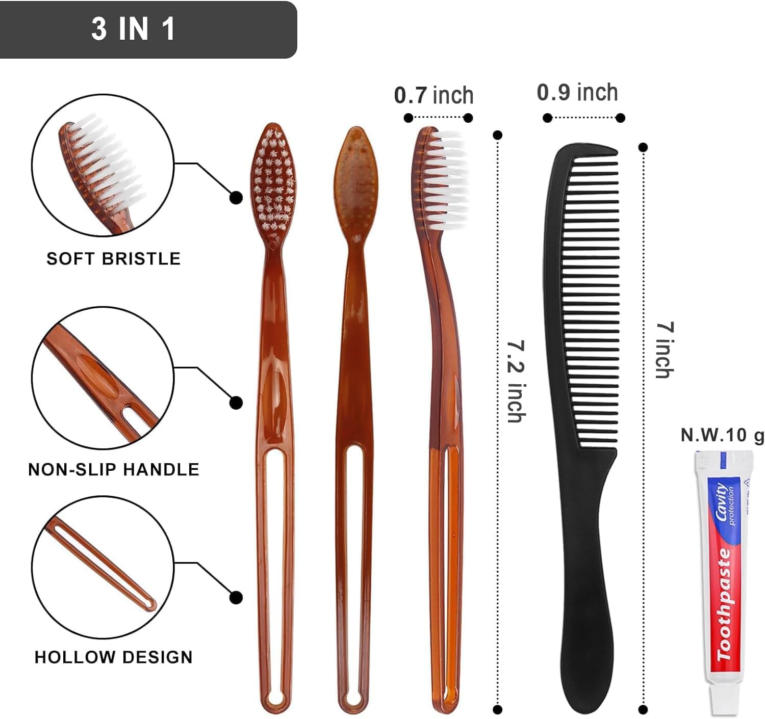 100 Pack spazzolini monouso con dentifricio e pettine confezionati individualmente, 10g dentifricio da viaggio, 7 pollici pettine per capelli neri