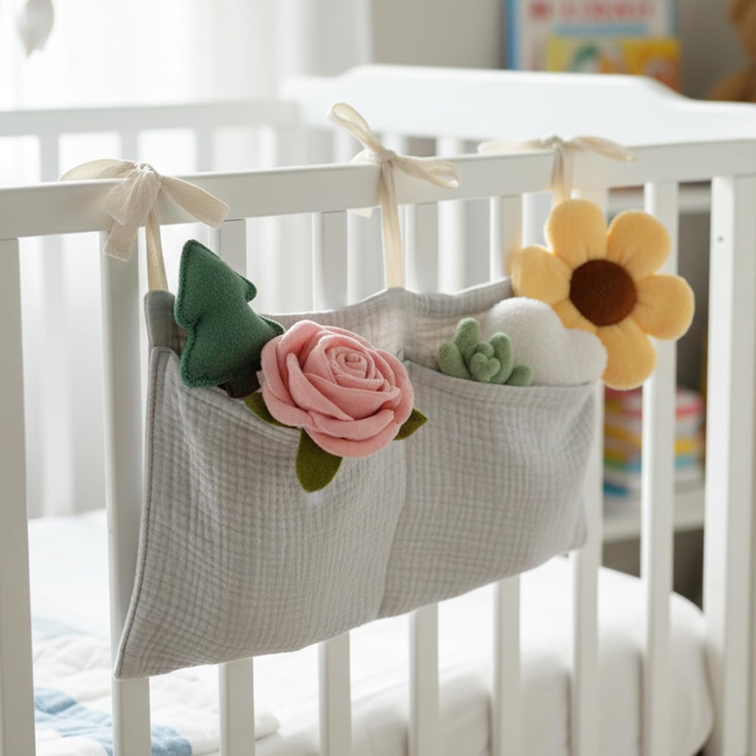 Cotton Baby Hanging Bedside Storage Bag Organizer with 2 Pockets, Baby Crib Accessories for Cribs, Toys, Diapers (Light Gray)
