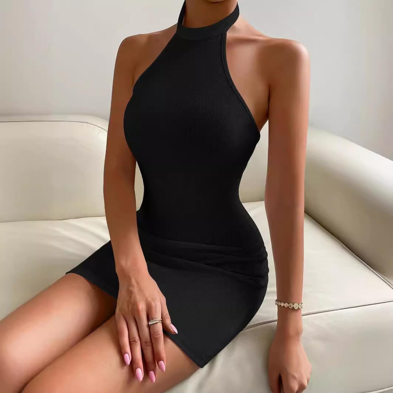 Vestito Donna Estivo Sexy Mini Abito Senza Manica Aderente Vestito Corto in Maglia a Coste