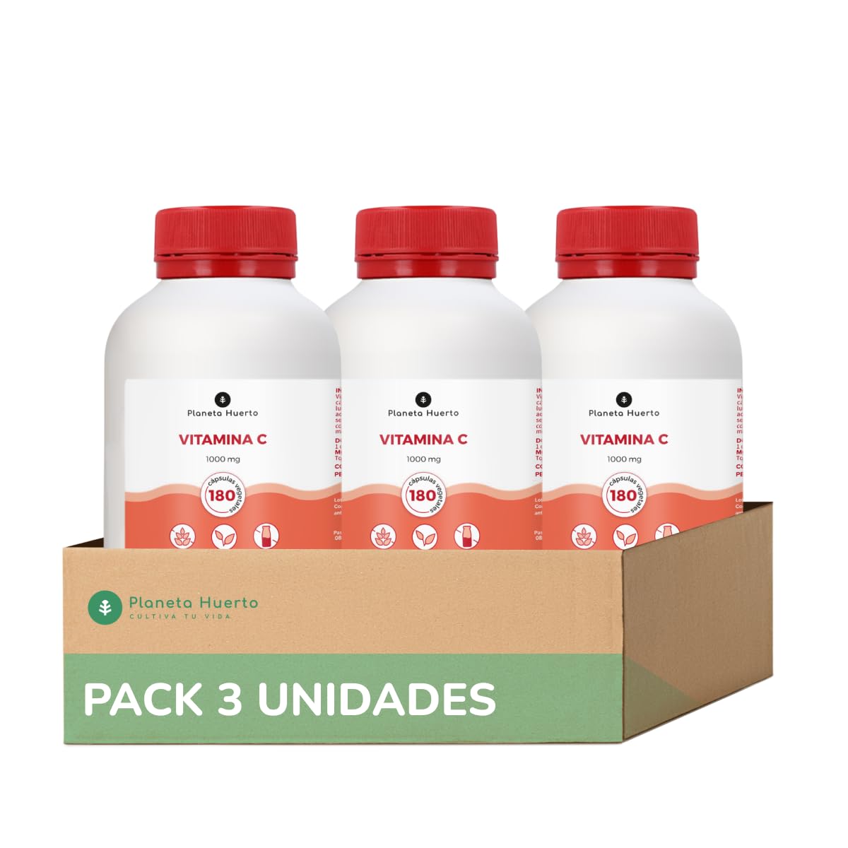 PLANETA HUERTO | Pack 3x Vitamina C 1000 mg 180 Cápsulas – Refuerzo para el Sistema Inmunológico – Con Escaramujo y Acerola – Antioxidante Natural
