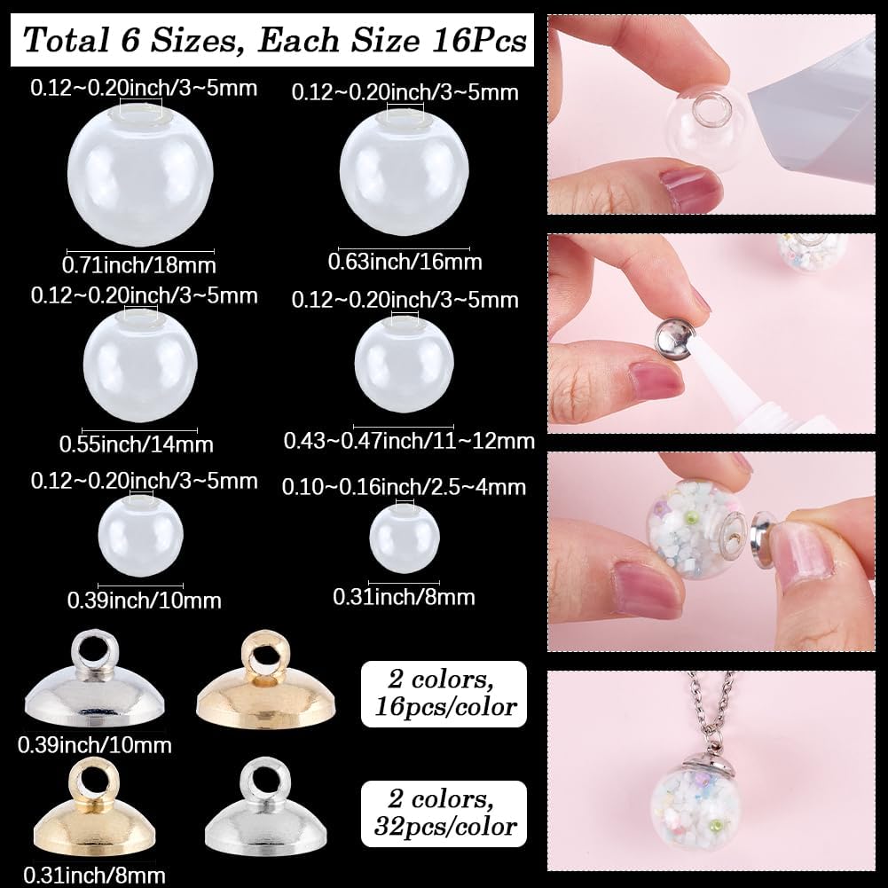 96Pcs Glass Globe Charm Empty Bottle Charms with Brass Caps Small Mini Fillable Round Ball Clear Hanging Dangle Wish Ornaments Pendants for Christmas Jewelry Bracelets Necklaces DIY Crafts