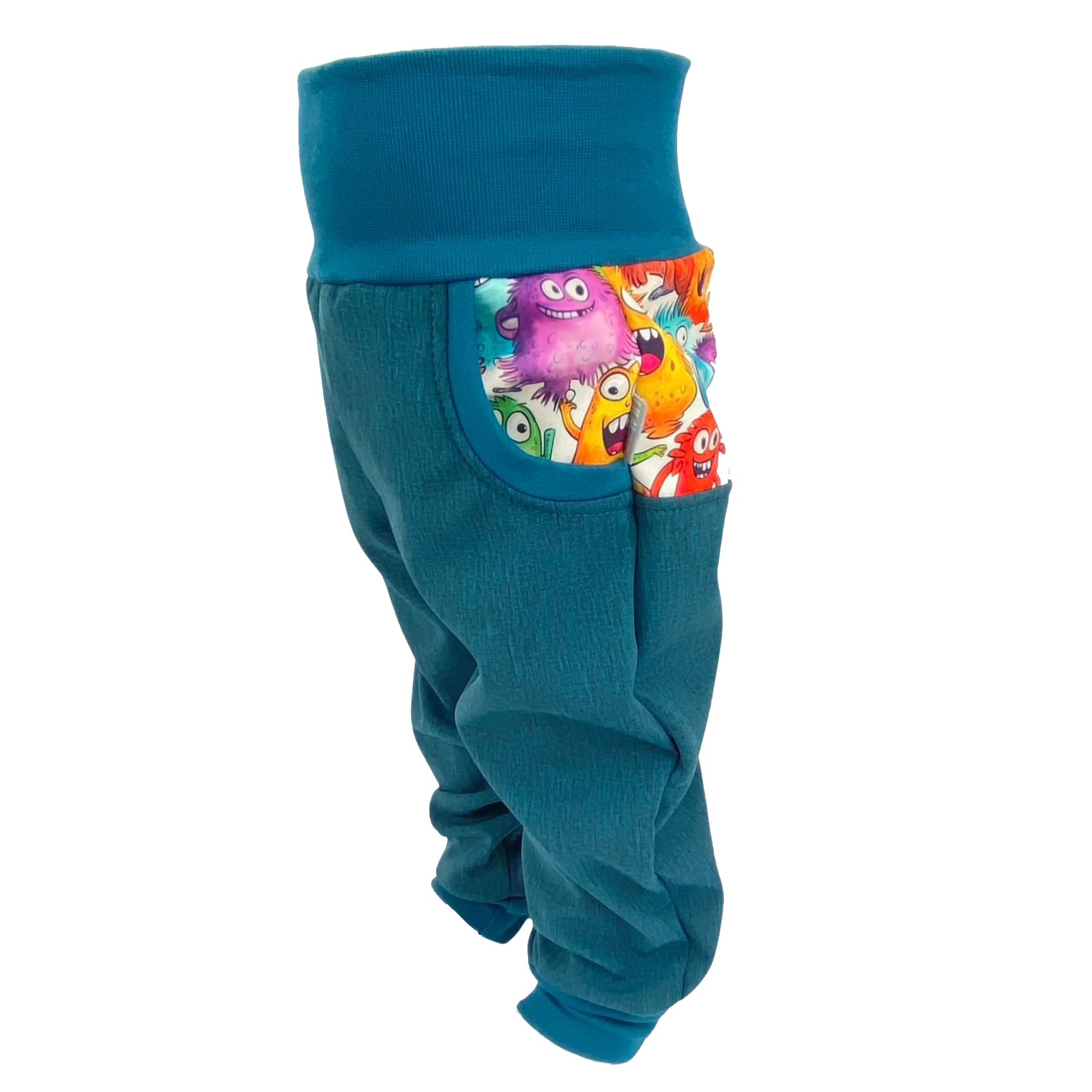 Lilakind“ Baby Kinder Softshell Hose Petrol oder Lila Meliert mit Monstern Cartoon Gr. 74-122 - Made in Germany